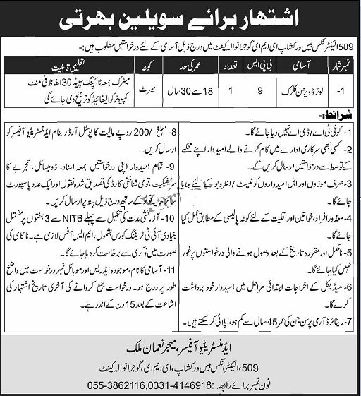 Clerk Jobs in Pakistan Army Advertisement